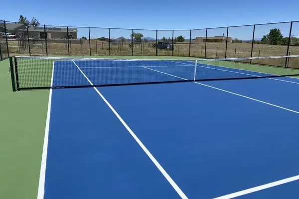 Blue tennis court with green surround, net and black chain link fence on open land
